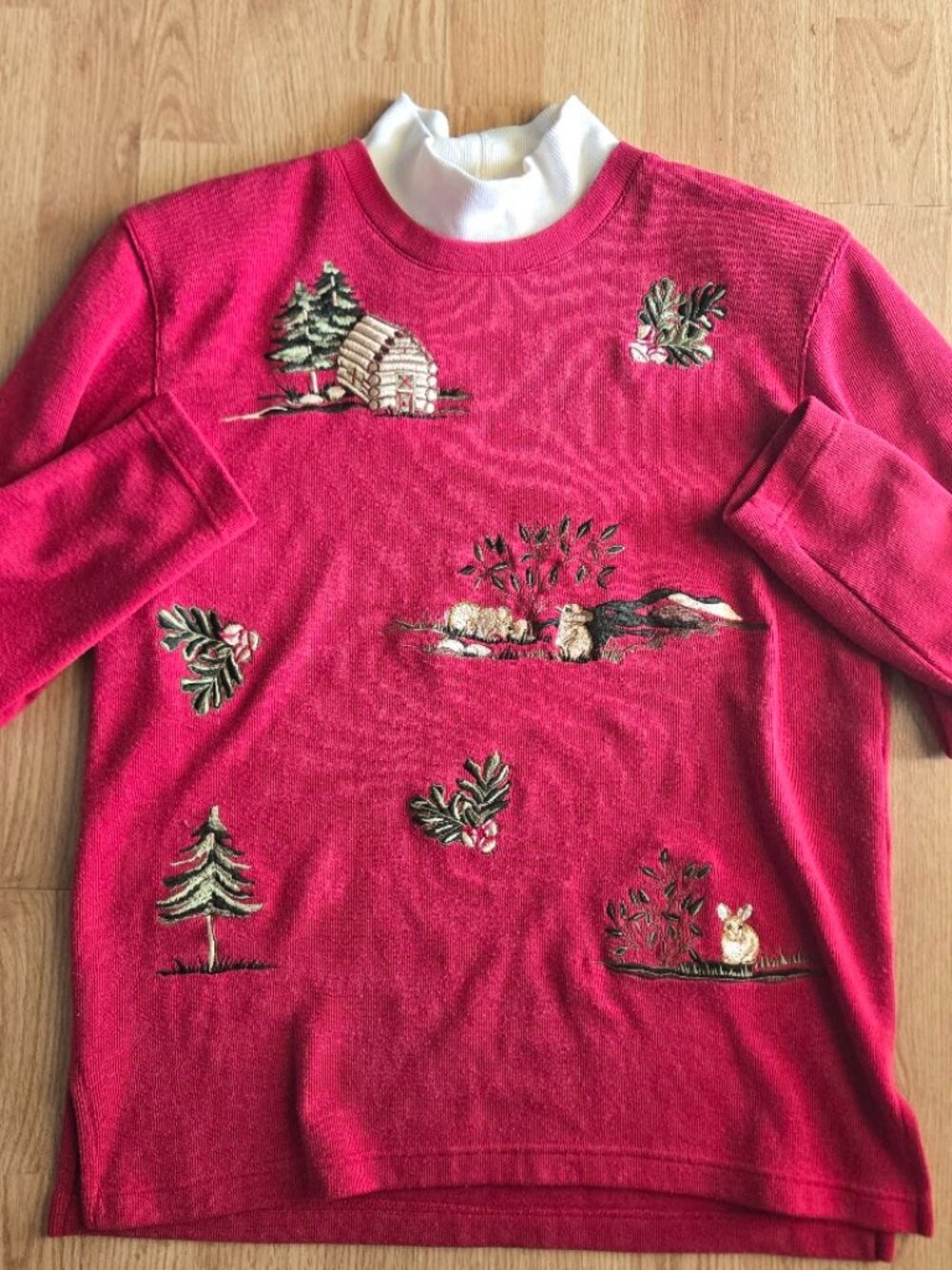 Vintage Alfred Dunner Red Woodland Rabbit Cabin Embroidered Sweater S